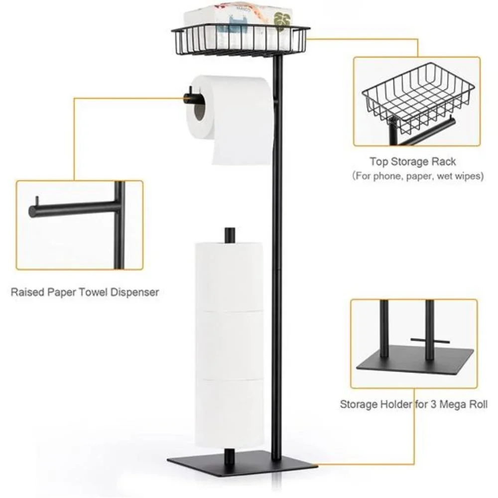 Toilet Paper Holder Stand Toilet Paper Roll Dispenser Black (Metal)